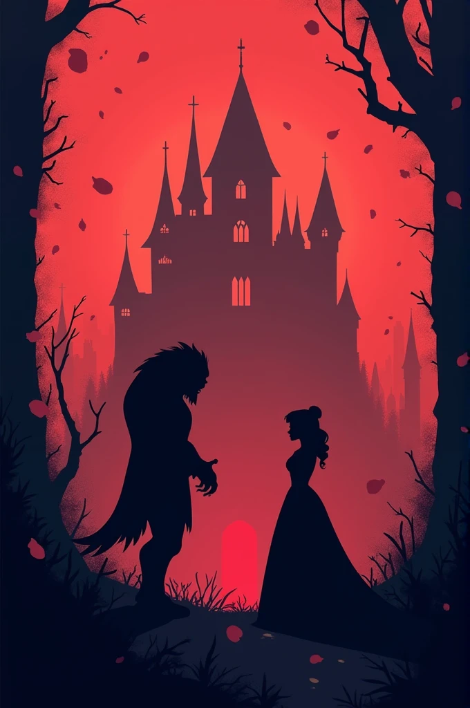 "Minimalist silhouette art inspired by Olly Moss, depicting a dark, moody scene from Beauty and the Beast. In the first third of the image, Belle stands with a mixture of fear and resolve, facing the silhouette of the imposing Beast. In the background, the Beast's grand, eerie castle rises with twisted towers and shadowy windows. The scene is tinted in deep reds and dark pinks, with subtle elements like rose petals floating through the air and thorny vines creeping up the castle walls, evoking the tale's dark magic and the intense emotions at play.