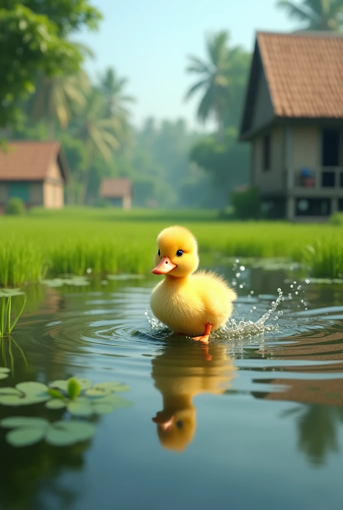 "Create an image of a cute baby duckling navigating through a flooded area in Bangladesh. The setting should depict a rural landscape with lush green surroundings, with the duckling playfully swimming in shallow floodwaters. Include details like waterlogged fields and traditional Bangladeshi houses in the background, capturing a sense of both the natural beauty and the impact of the flood."