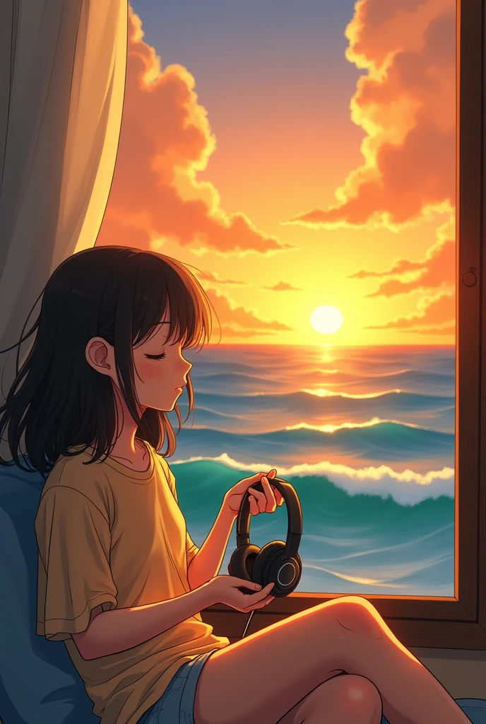 「A girl sitting by a window overlooking the sunset and waves。She holds the headphones in one hand、He looks like he&#39;s sleeping。The girl is enjoying a calm atmosphere while listening to music、A pleasant breeze comes in through the window and stirs my hair。Outside the window、A beautiful yellow and orange sunset and waves spread out、It depicts a fantastic Ghibli-style landscape.。」