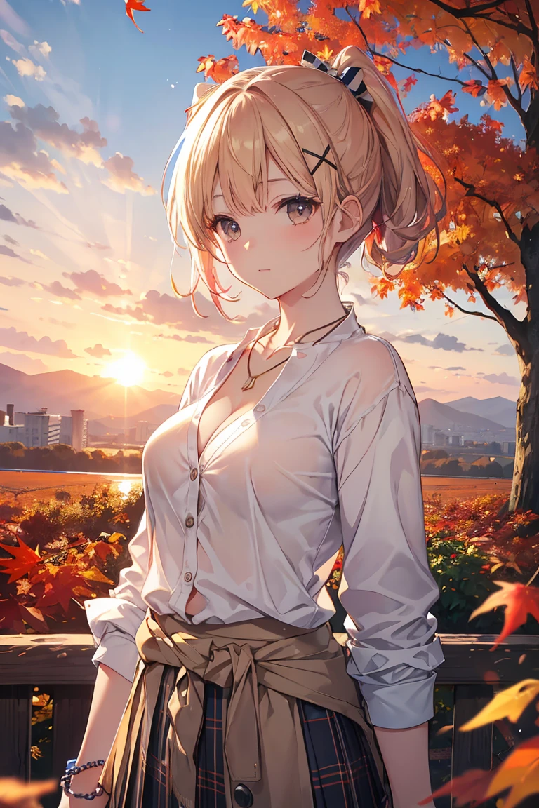 Bright lighting、Beautiful illustrations、
(8k, RAW Photos, Highest quality, masterpiece:1.2), (Realistic, Realistic:1.37), Very detailed, 1 person, alone, cute、(School uniforms:1.2), (Improve:1.2), (White shirt:1.3), (Beige cardigan tied around the waist:1.3), ((Cleavage, The button is off):1.2), (Checkered Pleated Skirt:1.2), ((necklace,Colorful Bracelets,x Hair accessories):1.2), Mountain, wood々Yellow leaves, autumn leaves、Background View, sunset, sunlight, Beautiful afternoon, cloud, Wind in my hair, Leaves flutter, Environment details, More vibrant colors, Saturation effect