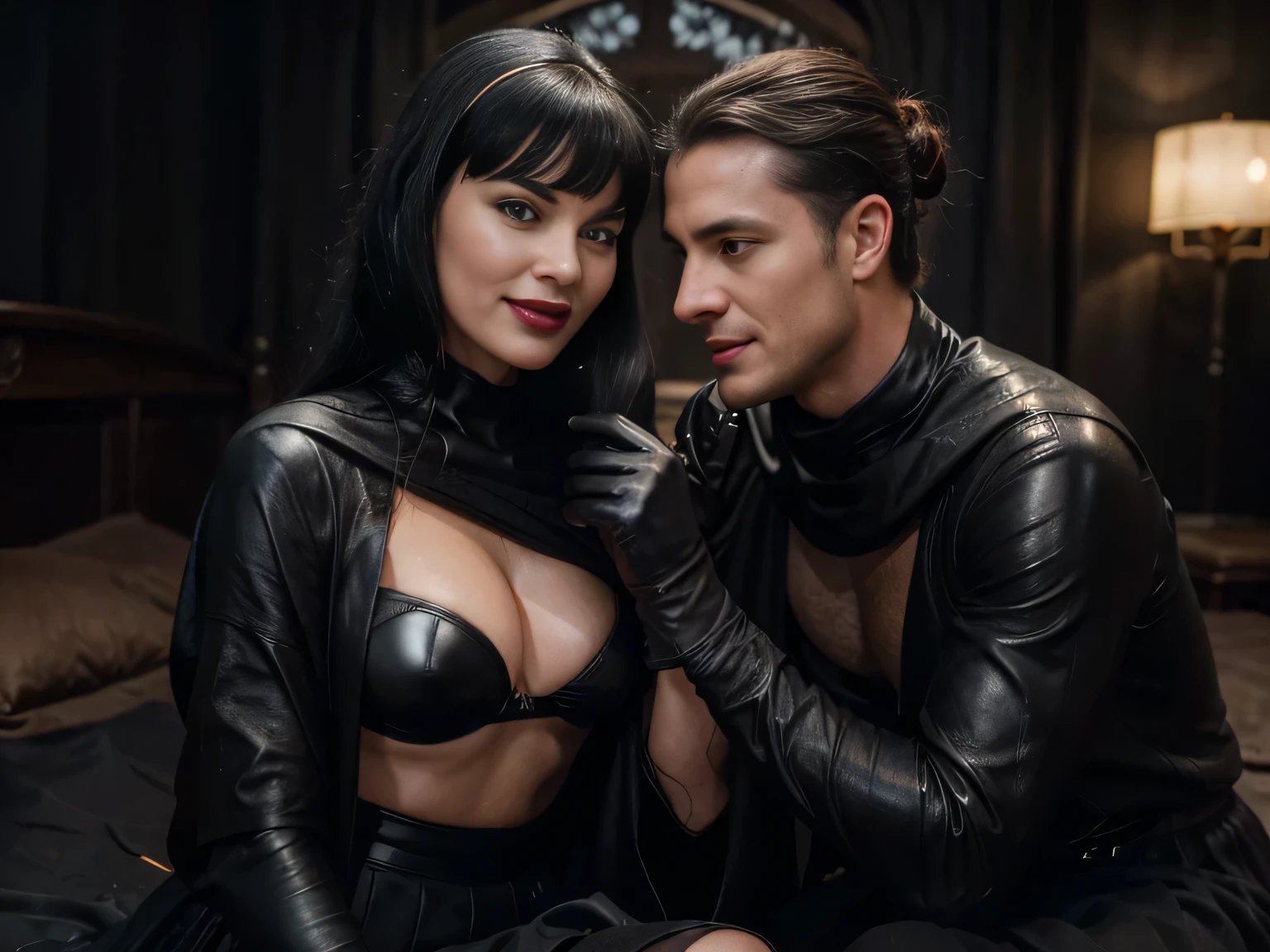 proFessional photograph oF a gorgeous smiling happy soaked medieval Bettie page woman and her lover, dressed with a ancient wide black full cloak ,ponytail Black hair, red lipstick,black long maxi-skirt (black long maxi-skirt:1.2),sultry Flirty look, gorgeous symmetrical Face, joli maquillage naturel, wearing elegant warm winter Fashion clothing,flirting with the camera, ((black leather gloves)), (( variuos scene of hard sex )), ultra realistic, art conceptuel, elegant and very detailed, complexe, sharp Focus, depth oF Field, F/1. 8, 85mm, (((proFessionally color graded))), bright soFt diFFused light, (volumetric Fog), tendance sur Instagram, hdr 4k, 8K