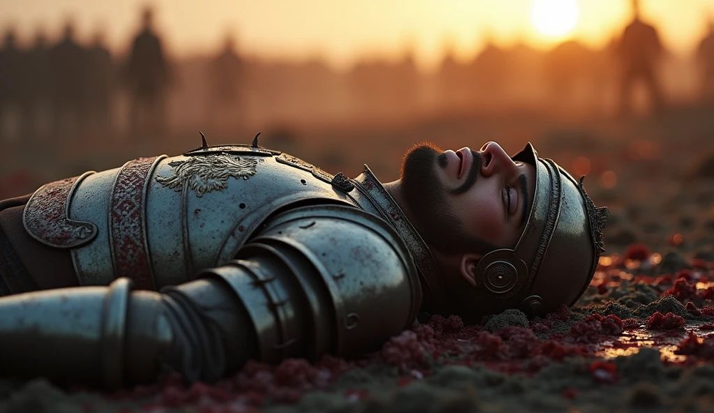 "A highly realistic, high-contrast, 8K HD, detailed, hyper-detailed image of the Lion-Emblazoned General lying mortally wounded on the battlefield. The general, clad in steel armor with a prominent lion emblem on his chest, is surrounded by chaos, but the focus is on his final moments. His helmet is partially removed, revealing a pained expression as he takes his last breath. Blood stains his armor and the ground around him, and his once powerful form now lies motionless in the dirt. The atmosphere is somber and grim, with the cold light of the setting sun casting long shadows across the battlefield. The image is of the highest quality, with ultra-high resolution, RAW photo quality, and Unreal Engine rendering, capturing the tragedy and finality of the general's demise."