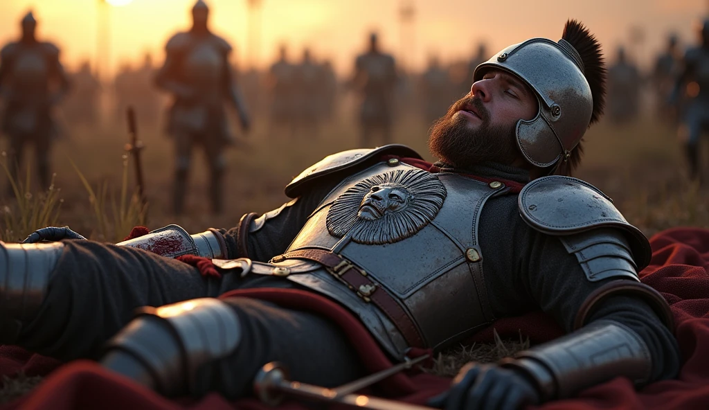 "A highly realistic, high-contrast, 8K HD, detailed, hyper-detailed image of the Lion-Emblazoned General lying mortally wounded on the battlefield. The general, clad in steel armor with a prominent lion emblem on his chest, is surrounded by chaos, but the focus is on his final moments. His helmet is partially removed, revealing a pained expression as he takes his last breath. Blood stains his armor and the ground around him, and his once powerful form now lies motionless in the dirt. The atmosphere is somber and grim, with the cold light of the setting sun casting long shadows across the battlefield. The image is of the highest quality, with ultra-high resolution, RAW photo quality, and Unreal Engine rendering, capturing the tragedy and finality of the general's demise."
