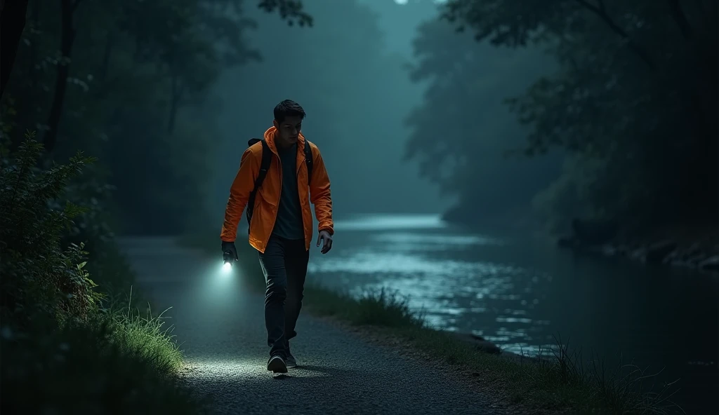 A young man in a fluorescent jacket uses a flashlight to illuminate the road ahead by the river.