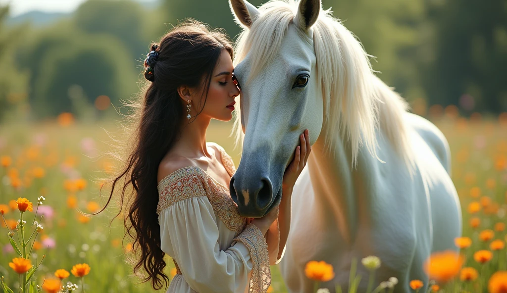 a beautiful roma woman, in a spring meadow, gently caresses a beautiful white steed with a long mane, Very beautiful and detailed image, perfect lighting