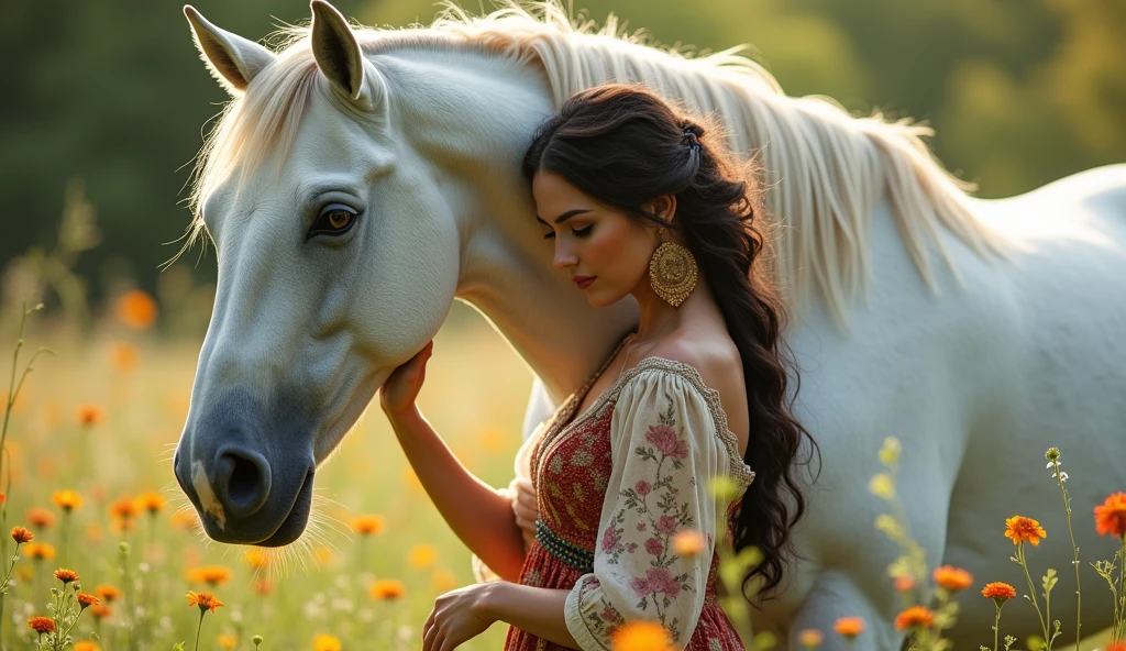 a beautiful roma woman, in a spring meadow, gently caresses a beautiful white steed with a long mane, Very beautiful and detailed image, perfect lighting