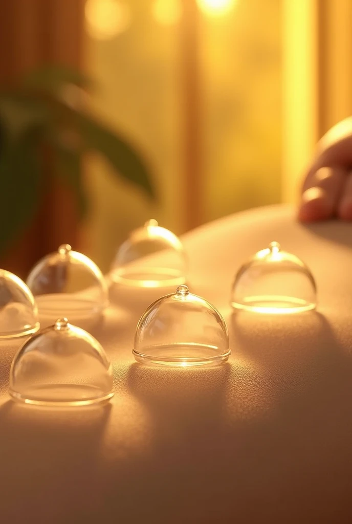 realistic acrylic cupping therapy suction cups in a climate controlled environment with yellow light in the blurred background