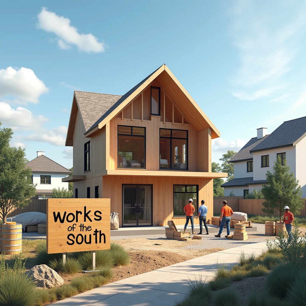 men building a modern house, the house that looks half built, so that the neighboring houses can be seen in the background, and in front you can see a wooden sign with the text "Works of the South", on a sunny day , with few clouds. that it is a realistic image