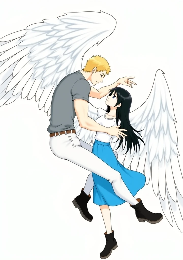 man, blond with brown eyes, beautiful body, gray t-shirt, white pants, Beautiful face, black boots, Large angel wings, stretches out his hands to a girl with black long hair, blue eyes, in a white shirt and a long blue skirt with large English wings., anime art, masterpiece, realistically, professional photo , super detail
