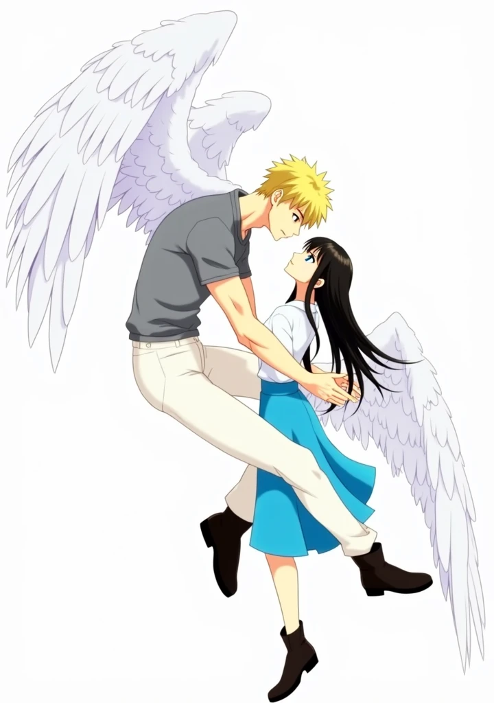man, blond with brown eyes, beautiful body, gray t-shirt, white pants, Beautiful face, black boots, Large angel wings, stretches out his hands to a girl with black long hair, blue eyes, in a white shirt and a long blue skirt with large English wings., anime art, masterpiece, realistically, professional photo , super detail