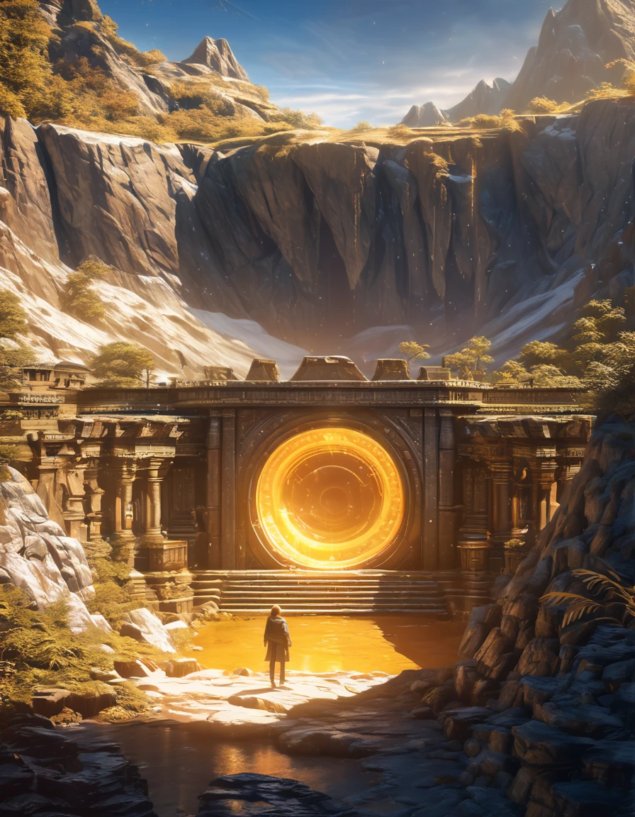 a mysterious and vibrant golden portal on the side of an ancient mountain, several people standing around it, setting up a research camp, detailed ancient architecture, glowing magical portal, mysterious atmosphere, golden light, detailed landscape, lush vegetation, beautiful vistas, (best quality,4k,8k,highres,masterpiece:1.2),ultra-detailed,(realistic,photorealistic,photo-realistic:1.37),highly detailed, dramatic lighting, cinematic composition, fantasy, concept art style