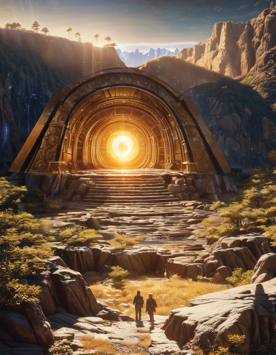 a mysterious and vibrant golden portal on the side of an ancient mountain, several people standing around it, setting up a research camp, detailed ancient architecture, glowing magical portal, mysterious atmosphere, golden light, detailed landscape, lush vegetation, beautiful vistas, (best quality,4k,8k,highres,masterpiece:1.2),ultra-detailed,(realistic,photorealistic,photo-realistic:1.37),highly detailed, dramatic lighting, cinematic composition, fantasy, concept art style