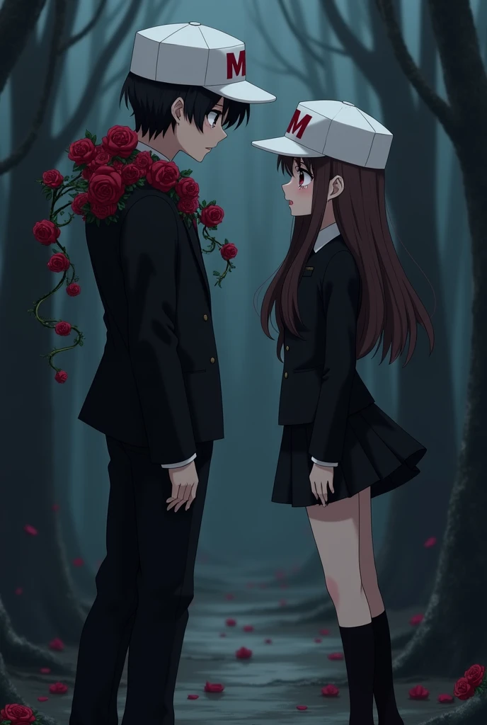 an anime man with black hair and dark maroon eyes and he is wearing a black suit with dark red rose vines twirling around his shoulders and he is wearing a white cap which has a M written on it in red and he is arguing with and an anime woman with long middle brunette hair and dark brown eyes and she is wearing a black outfit with black socks and black boots and she has the same cap as the anime man and they both are crying tears and they are standing in a dark forest and the man is saying "I think we should be just friends" and they are wearing white caps which have a M written on them in red and tears are coming out of their eyes and they are in sorrow and the woman is crying quietly with her head bent
