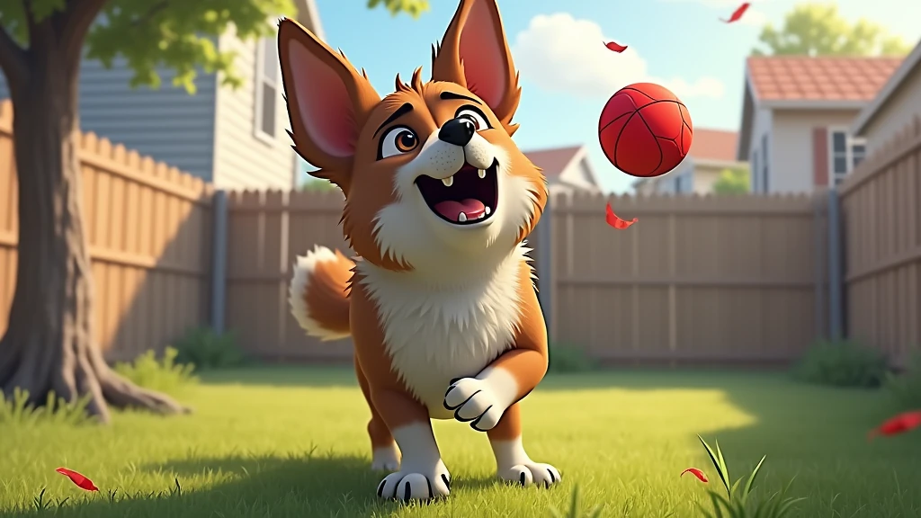 The red ball bouncing over a fence into a neighbor’s yard. Rex looks determined and concerned as he watches.
