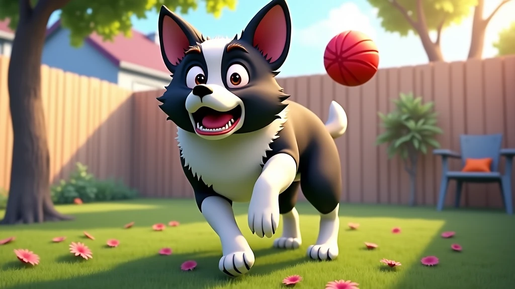 The red ball bouncing over a fence into a neighbor’s yard. Rex looks determined and concerned as he watches.