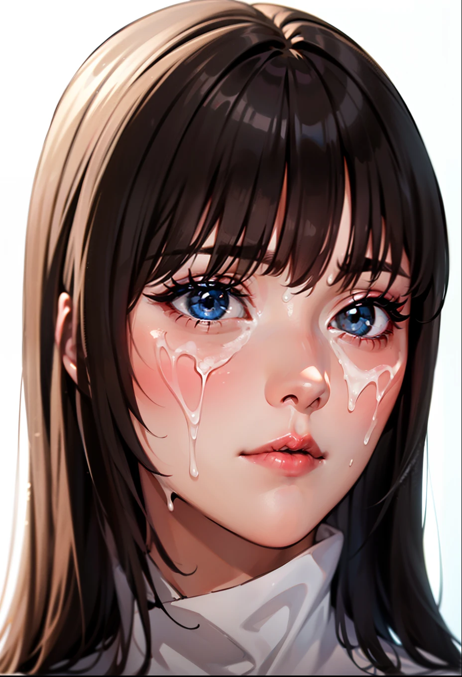 1 girl, black hair, esmerald (blank) (white background), light atmosphere, (light lighting), dark facial makeup, ((erotic expression))((face covered in semen))