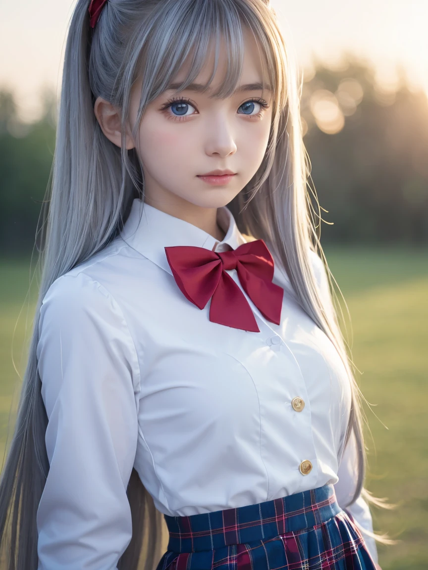 Her long silver hair flutters gracefully in the wind、Detailed close-up image of a young anime girl. The characters are large, Bright blue eyes with a strong yet calm expression. She wears a detailed uniform, White shirt with red bowtie, A dark blazer with a gold crest on the shoulders, Pair it with a plaid skirt with fine pleats.. The girl's hair is painted in intricate detail, One hair stands out. The lighting is warm and golden, Sunset background, It adds depth and softness to her features.. The overall atmosphere is one of strength and elegance., Her dynamic pose has her arms slightly outstretched.、Emphasizing the flowing movement of the clothes and hair. The background is blurred、Soft, Glowing lights, Creates dreamy, cinematic effects.
