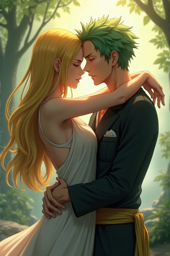 Sanji Vismoke with long, straight hair down to his back being hugged by Roronoa Zoro.