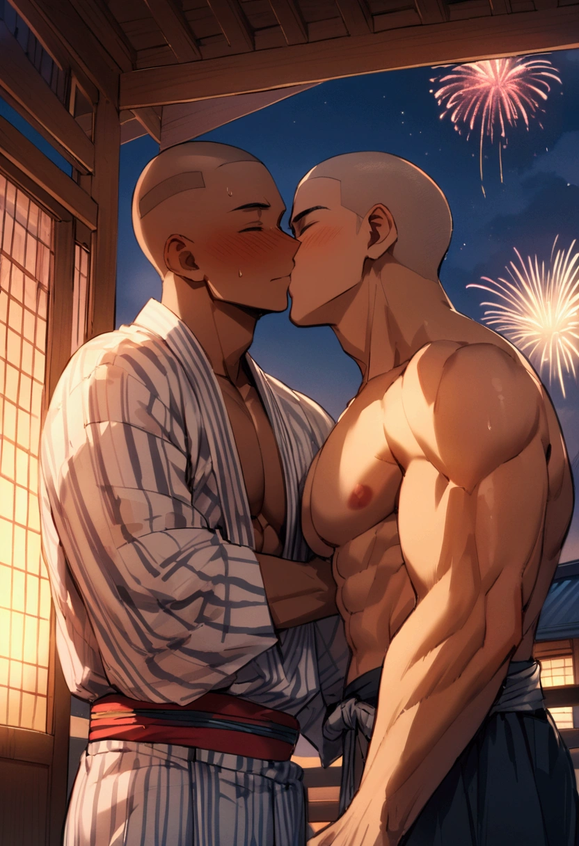 Highest quality、Midsummer evening、Shaved head、Sports haircut、Two macho men wearing yukatas on the veranda、to kiss、Embarrassed face、Pectoralis major、Abdominal muscles、Brown skin、firework