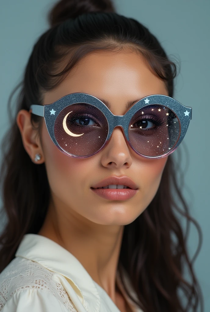 The model is wearing glass sunglasses with stars and the moon on the glass