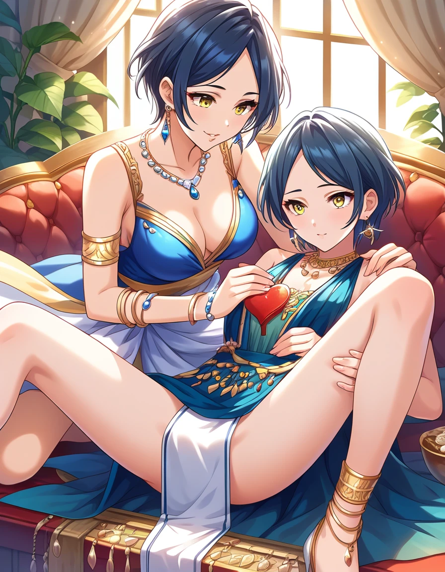score_9, score_8_Excellent, score_7_Excellent, sauce_anime,
One person, Beautiful woman,With two people, Sensitive,high quality,Pose with your hands,((Spread your legs wide,))Lesbian Sex,
short hair, Blue Hair, Parted bangs, Mid-chest, Yellow Eyes,
Detailed eyes, eyelash, eyeliner, jewelry, necklace, bracelet, Earrings, (((Giant Futanari)))
Sexy Underwear,Front open skirt,heart,