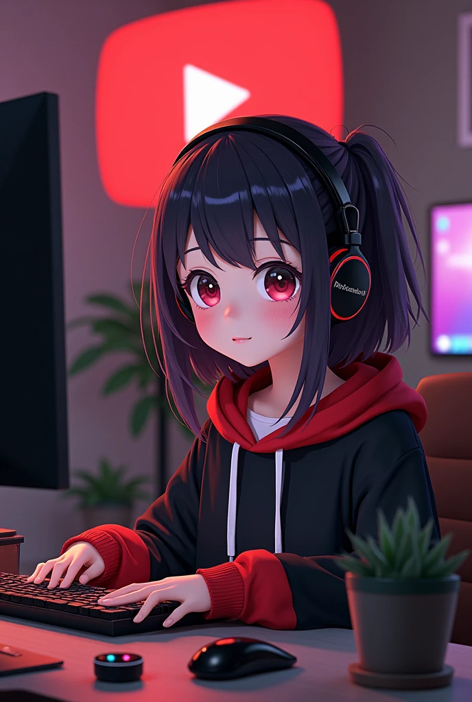 Create a image of "A 18 years anime girl with headphones sitting in front of a computer desk with a microphone, wearing black and red hoodie. The background includes a large YouTube logo on the wall, potted plants on either side, and various recording equipment."