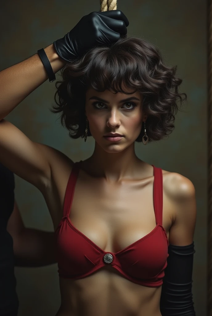 man tightening rope noose around arab woman's neck, short hair, curly mullet , stockings and long gloves, beautiful, sexy, age 16, naked, 1 woman, man putting rope around woman's neck, woman serious expression, woman empty expression, wide-eyed, scared, execution by hanging, gallows