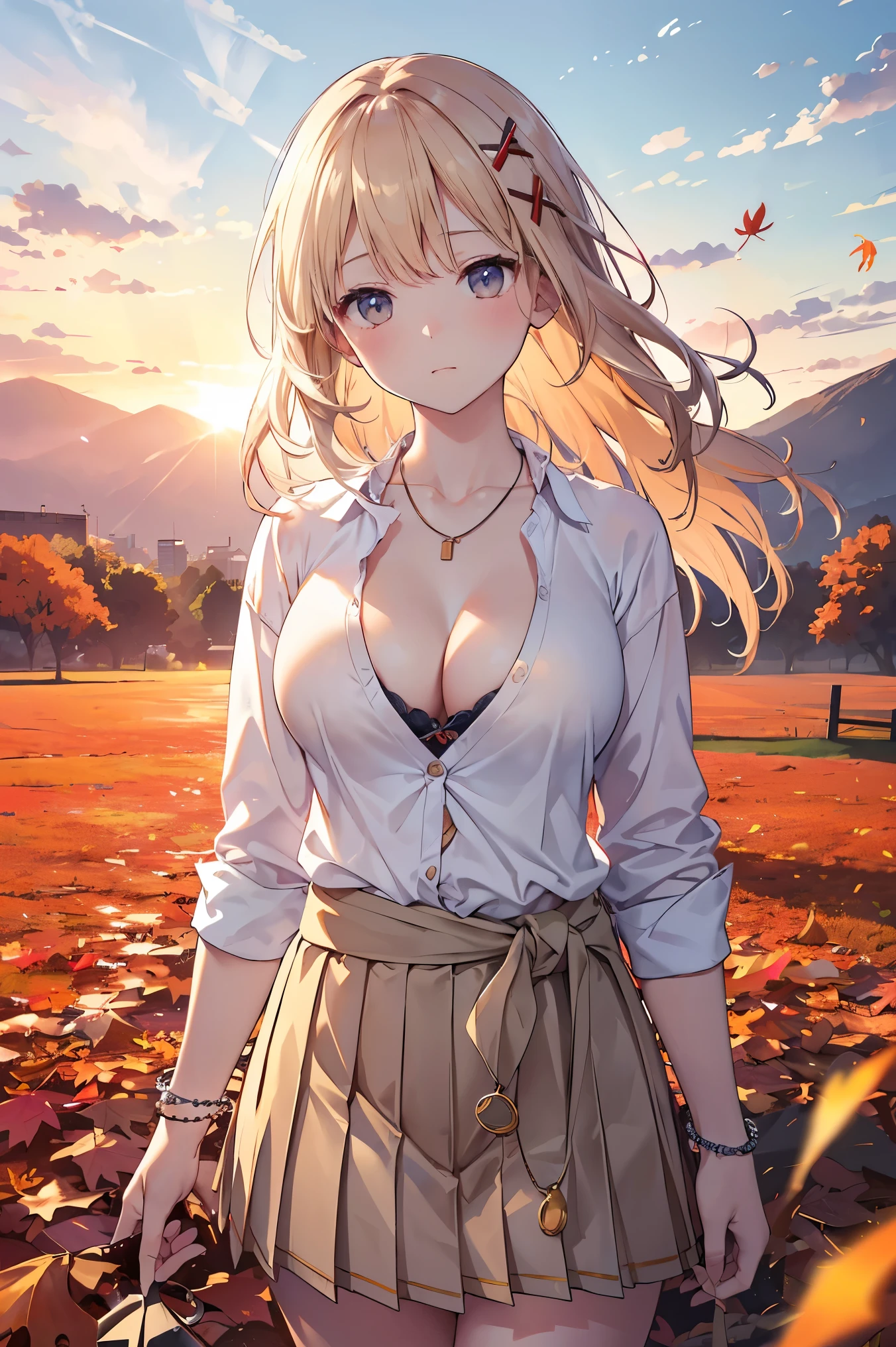 Bright lighting、Beautiful illustrations、
(8k, RAW Photos, Highest quality, masterpiece:1.2), (Realistic, Realistic:1.37), Very detailed, 1 person, alone, cute、(School uniforms:1.2), (Improve:1.2), (White shirt:1.3), (Beige cardigan tied around the waist:1.3), ((Cleavage, The button is off):1.2), (Checkered Pleated Skirt:1.2), ((necklace,Colorful Bracelets,x Hair accessories):1.2), Mountain, wood々Yellow leaves, autumn leaves、Background View, sunset, sunlight, Beautiful afternoon, cloud, Wind in my hair, Leaves flutter, Environment details, More vibrant colors, Saturation effect