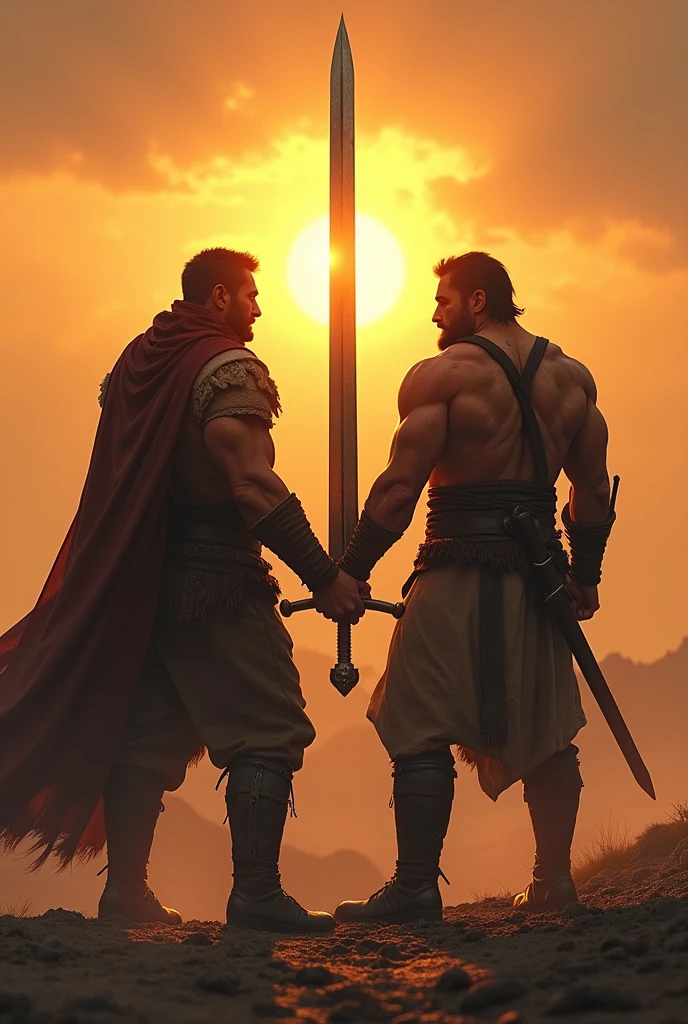 2 man carrying a sword, facing the sun