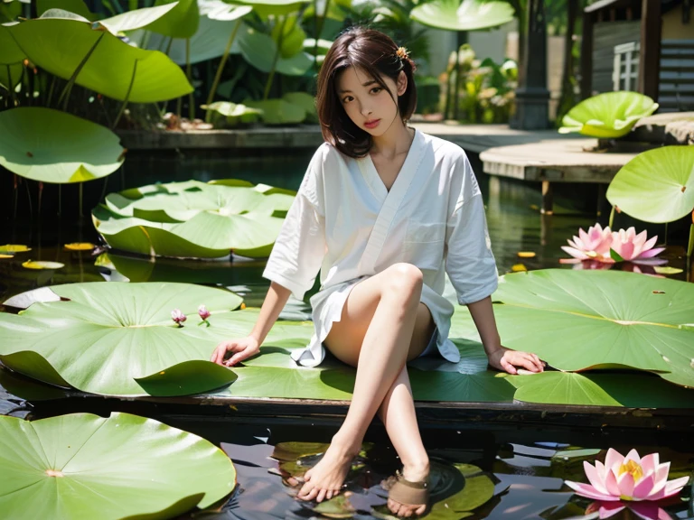 There is a girl sitting on a leaf, (white clothes), fresh color scheme, there is a plush toy, Guvez style artwork, popular on cgstation, illustrated by Li Song, soft anime, lying on a water lily mat, sitting on a lotus flower, cute and meticulous digital art, cute art style, in the pond, Yang J, cute digital art, Guvitz, sitting by the pond