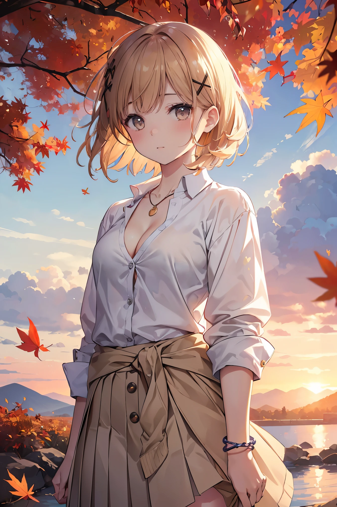 Bright lighting、Beautiful illustrations、
(8k, RAW Photos, Highest quality, masterpiece:1.2), (Realistic, Realistic:1.37), Very detailed, 1 person, alone, cute、(School uniforms:1.2), (Improve:1.2), (White shirt:1.3), (Beige cardigan tied around the waist:1.3), ((Cleavage, The button is off):1.2), (Checkered Pleated Skirt:1.2), ((necklace,Colorful Bracelets,x Hair accessories):1.2), Mountain, wood々Yellow leaves, autumn leaves、Background View, sunset, sunlight, Beautiful afternoon, cloud, Wind in my hair, Leaves flutter, Environment details, More vibrant colors, Saturation effect