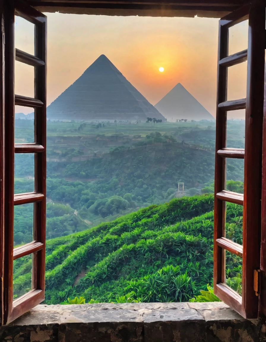 Make me a landscape that can be seen from a window , as if it were a road that runs through the 7 wonders of the world, the chinese wall, the pyramids etc.