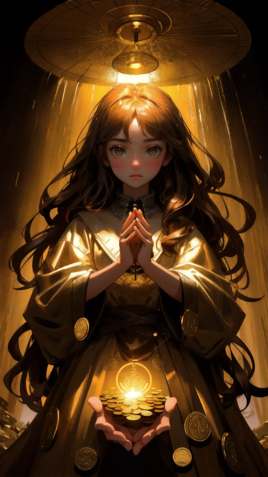 A cute, beautiful girl with a shocked and intense expression, standing in a dense forest with a brown background. The girl is surrounded by an overwhelming shower of golden coins and tokens, her hands reaching out in awe and desperation as the currency cascades around her. The environment is dark and mysterious, with hints of danger lurking in the shadows, yet the girl's determined gaze cuts through the chaos, capturing the essence of 'Airdrop Addiction' in a captivating, full-color illustration.
