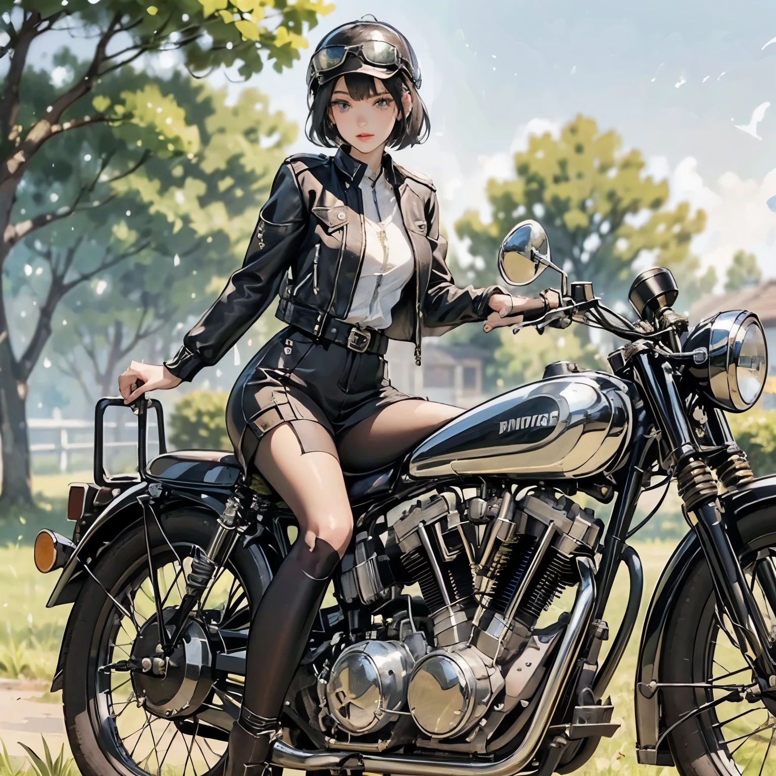 (Riding on motorcycle:1.2)、(Vintage Bikes、Bluff Superior SS100)、 Beautiful young woman、1 person、Beautiful Face, Beautiful and delicate eyes, Black Hair, Short Bob Hair、Classic Leather Jacket、Cromwell helmet with goggles、After the Rain、Isle of Man Races、English countryside、 Detailed Description、(Highest quality, masterpiece, High resolution)、8k、wallpaper
