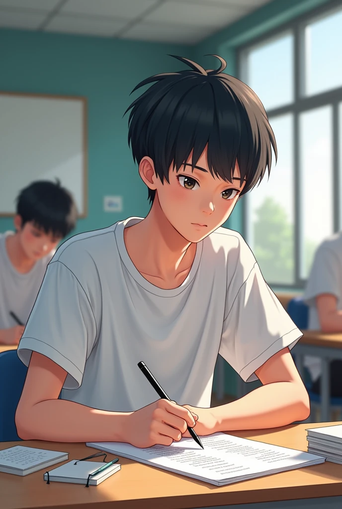 A man is sitting in the classroom, boy, male classmate, in the campus classroom, this male classmate is wearing a white T-shirt, short black hair, holding a pen in his hand, there are test papers, there are books, the lens is mainly featured on the upper body, in the Loepfe art style ((Xinhai City), popular in CGStation, Xinhaicheng H 2160, inspired by Bian Shoumin, Xinhaicheng, Kavasi, Guvitz style, high-quality pictures, 4K, 8K, resolution,