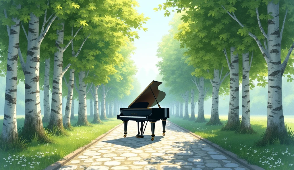 "A black grand piano placed on a cobblestone pathway lined with tall birch trees. The scene is depicted in a realistic watercolor style, creating a sense of coolness. The birch trees have white bark with green leaves, and they stand in two neat rows along the pathway, forming a serene and elegant natural corridor. The sunlight filters through the trees, casting gentle shadows on the path and the piano. The atmosphere is tranquil and harmonious, with the piano blending beautifully into the lush, green surroundings."