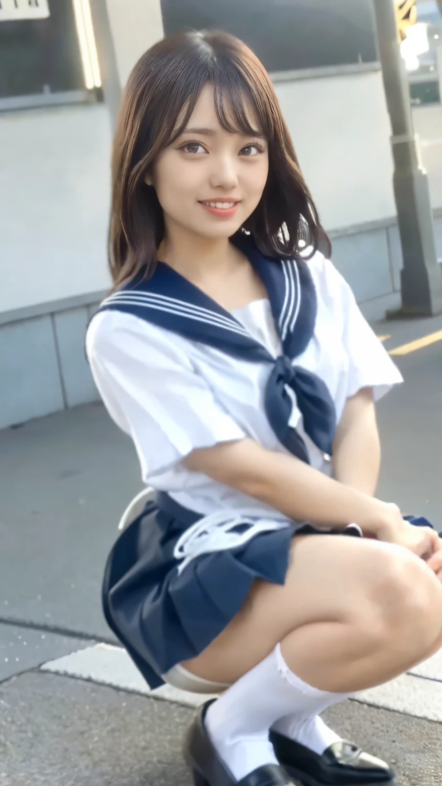 (Realistic, photo Realistic:1.2), ((Highest quality)), (((Sharp image quality)))、moving her center of gravity back, Quite embarrassing, White panties, (((Showing panties:1.4))),Tight Skirt, (Under the skirt:1.3), (Lift up your skirt:1.3), (squat:1.4), Put your heels on the ground, Spread your legs a little, 膝を上げてsquat, Put your butt on the ground, black penny loafers, Beautiful face details, Real human skin, Gentle expression, Front view, angle From below, Realistic, photoRealistic, cute, Short skirt, squat deep on school grounds, cute school girl, ((Japanese school girl uniform, Sailor suit)), whole body,Smile, Natural smile, Charming smile, Captivating smile, (View your viewers:1.2), from the front, From below,