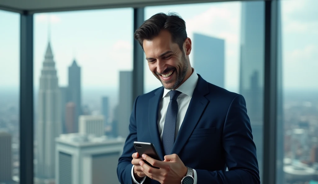 a businessman in formal wear, Grinning, writing on the cell phone