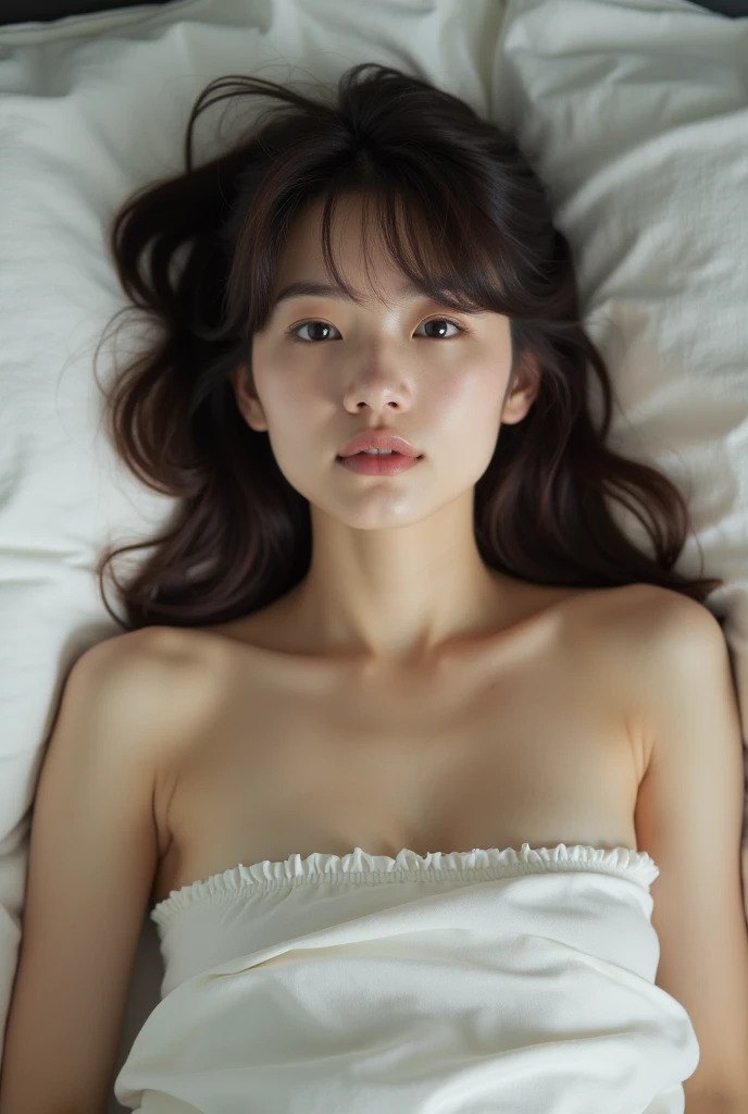 ((highest quality, masterpiece :1.3)), Photorealistic、Ultra-high resolution、Natural skin texture、Hyperrealism、Near Movies、Beautiful Japanese girl in her early s、One girl、Tight crop top、Lying in bed、Frightened expression、Tears flowing
