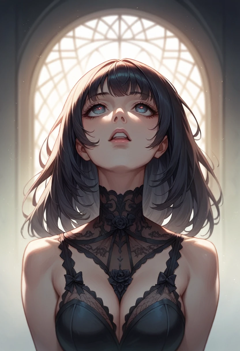 Masterpiece, best quality, high resolution, beautiful girl, Black sheer lace, beautiful eyes, detailed eyes, teeth, bangs, beautiful face, Gothic ta Fashion,　Looking up,　Mouth half open , dramatic lighting, deep shadows