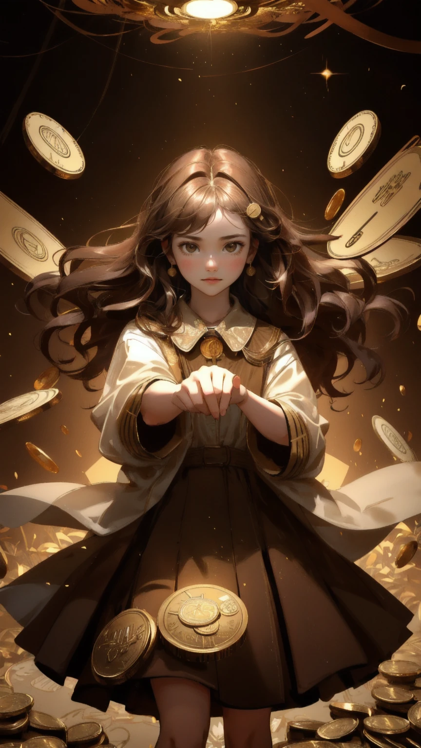 A cute, beautiful girl with a shocked expression, standing in a forest with a brown background. The girl is surrounded by a whirlwind of golden coins and tokens, her hands reaching out as if trying to catch them in desperation. The chaotic scene reflects 'Airdrop Addiction,' with the earthy brown tones of the forest contrasting against the glittering currency that fills the air.