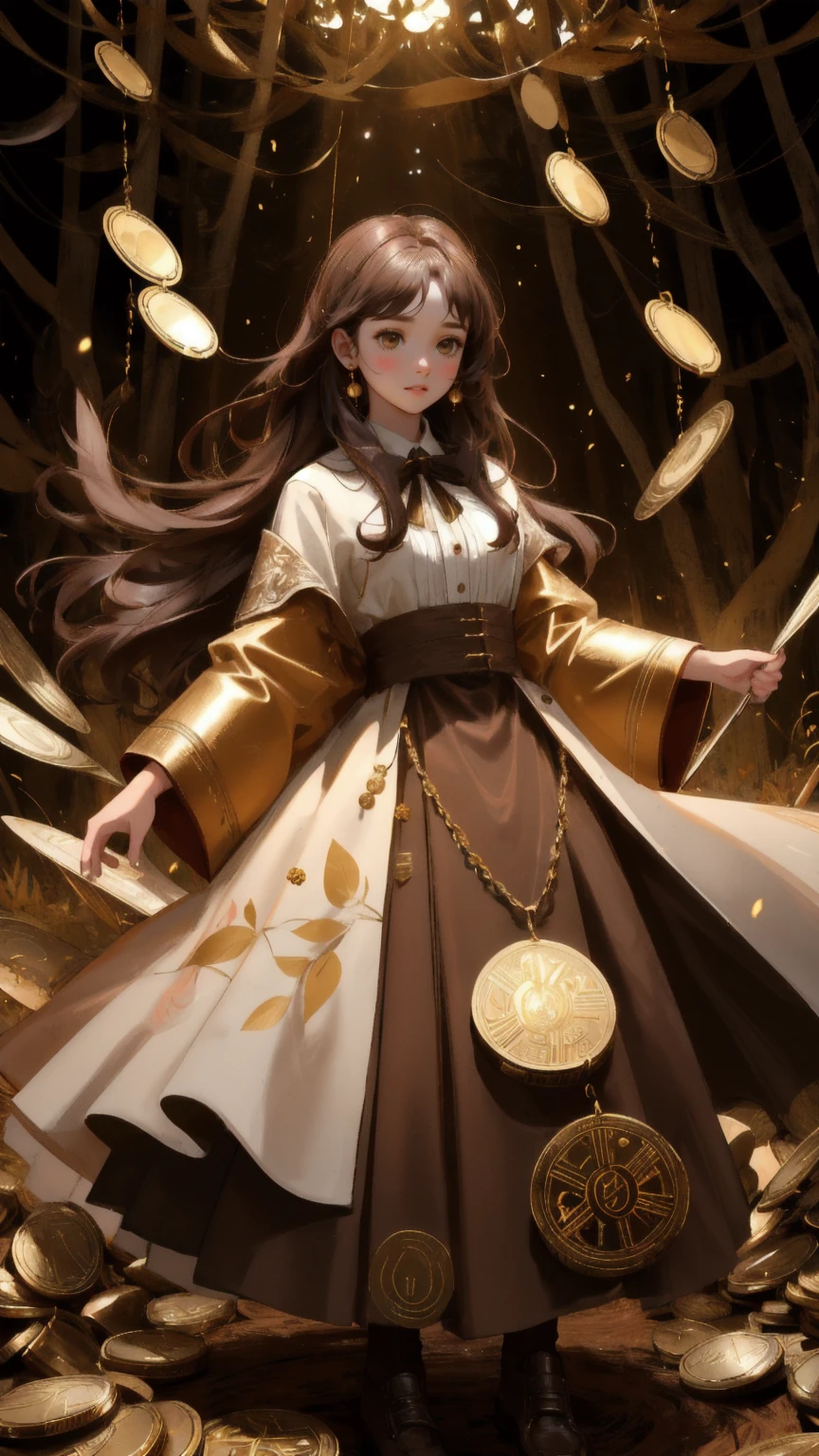 A cute, beautiful girl with a shocked expression, standing in a forest with a brown background. The girl is surrounded by a whirlwind of golden coins and tokens, her hands reaching out as if trying to catch them in desperation. The chaotic scene reflects 'Airdrop Addiction,' with the earthy brown tones of the forest contrasting against the glittering currency that fills the air.
