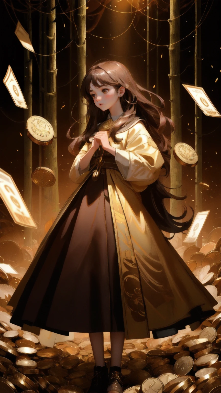 A cute, beautiful girl with a shocked expression, standing in a forest with a brown background. The girl is surrounded by a whirlwind of golden coins and tokens, her hands reaching out as if trying to catch them in desperation. The chaotic scene reflects 'Airdrop Addiction,' with the earthy brown tones of the forest contrasting against the glittering currency that fills the air.