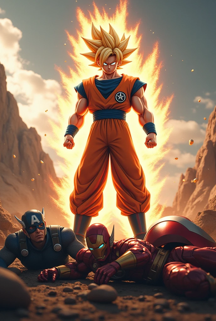 hình ảnh thực tế, Goku Ultra Instinct fights the Avengers, Goku chiến thắng, (thor) (the hulk) (iron man) (captain america) all lie at Goku's feet.