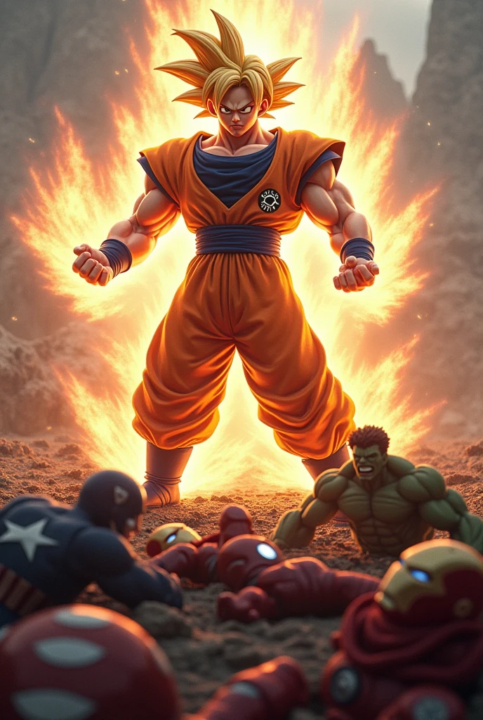 hình ảnh thực tế, Goku Ultra Instinct fights the Avengers, Goku chiến thắng, (thor) (the hulk) (iron man) (captain america) all lie at Goku's feet.