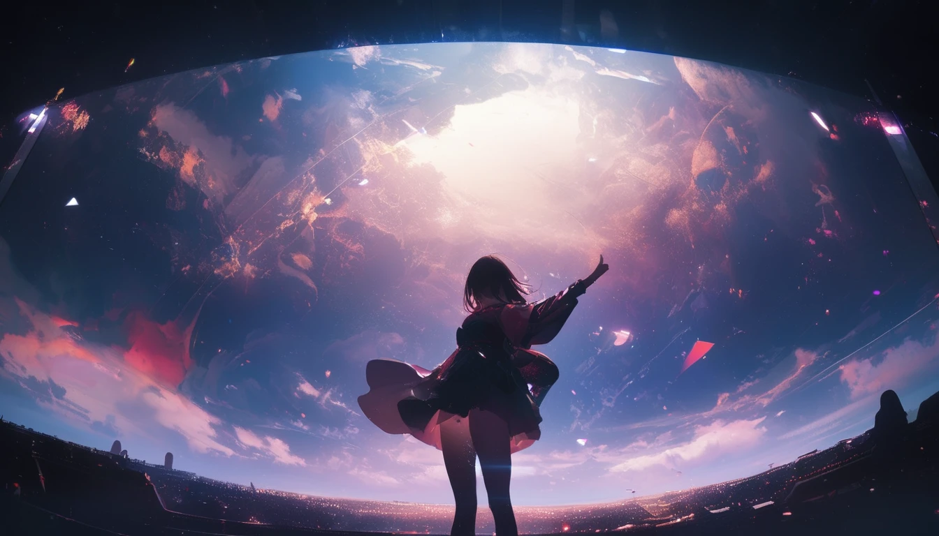8k,非常に精細なCGユニットのwallpaper, masterpiece,High resolution,Highest quality,Highest quality real texture skin,Surreal,Increase the resolution,RAW Photos,Highest quality,Very detailed,wallpaper,Cinema Lighting,Ray-tracing,Golden Ratio, break ,Summer afternoon,, Long exposure of the sky、Many circular orbits are visible in the image., Cute young woman silhouette, Wearing cutting-edge sportswear, State-of-the-art athletics stadium, A photo taken from close up, Picture below, Beautiful kaleidoscope-like multiple exposures overlapping each other