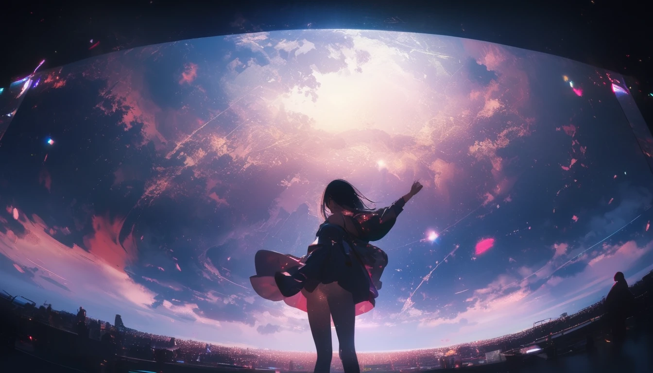 8k,非常に精細なCGユニットのwallpaper, masterpiece,High resolution,Highest quality,Highest quality real texture skin,Surreal,Increase the resolution,RAW Photos,Highest quality,Very detailed,wallpaper,Cinema Lighting,Ray-tracing,Golden Ratio, break ,Summer afternoon,, Long exposure of the sky、Many circular orbits are visible in the image., Cute young woman silhouette, Wearing cutting-edge sportswear, State-of-the-art athletics stadium, A photo taken from close up, Picture below, Beautiful kaleidoscope-like multiple exposures overlapping each other