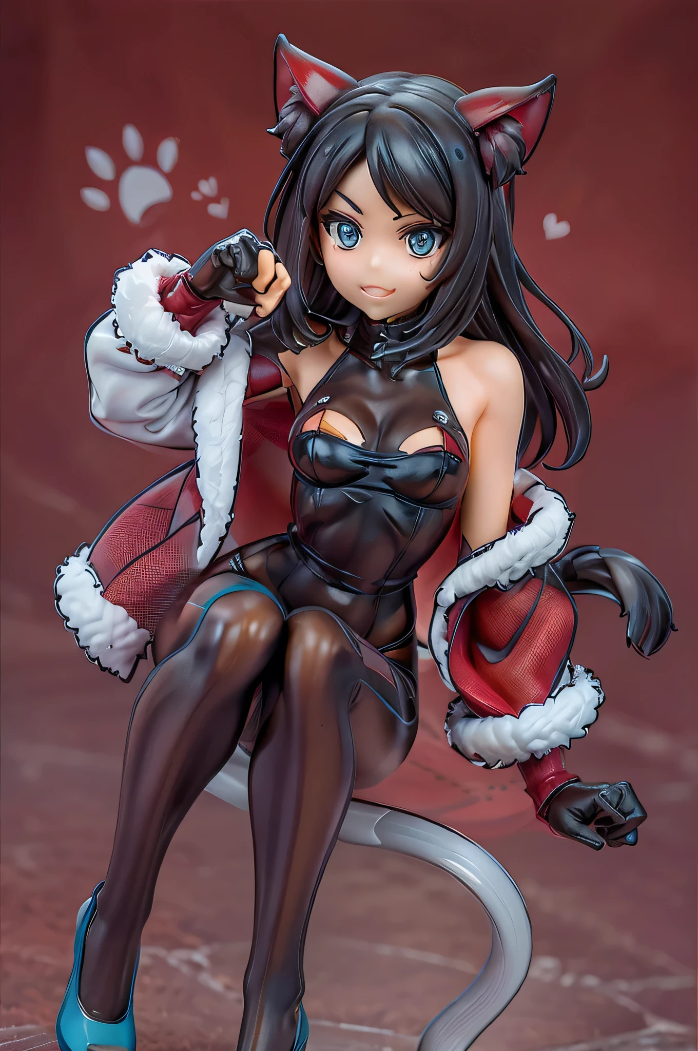 (masterpiece,Highest quality, detailed), One girl, alone, Sitting, Outdoor, night, building, From below, Raise your knees, smile, Part your lips, whole body, city, Skyscraper, View your viewers,
mizuki yukikaze, Hair Ribbon, Elbow hand pockets, Fingerless gloves, Frilled leotard, Fur trim, Black leotard, Thigh-high boots, taimanin suit, One Piece Tan,  