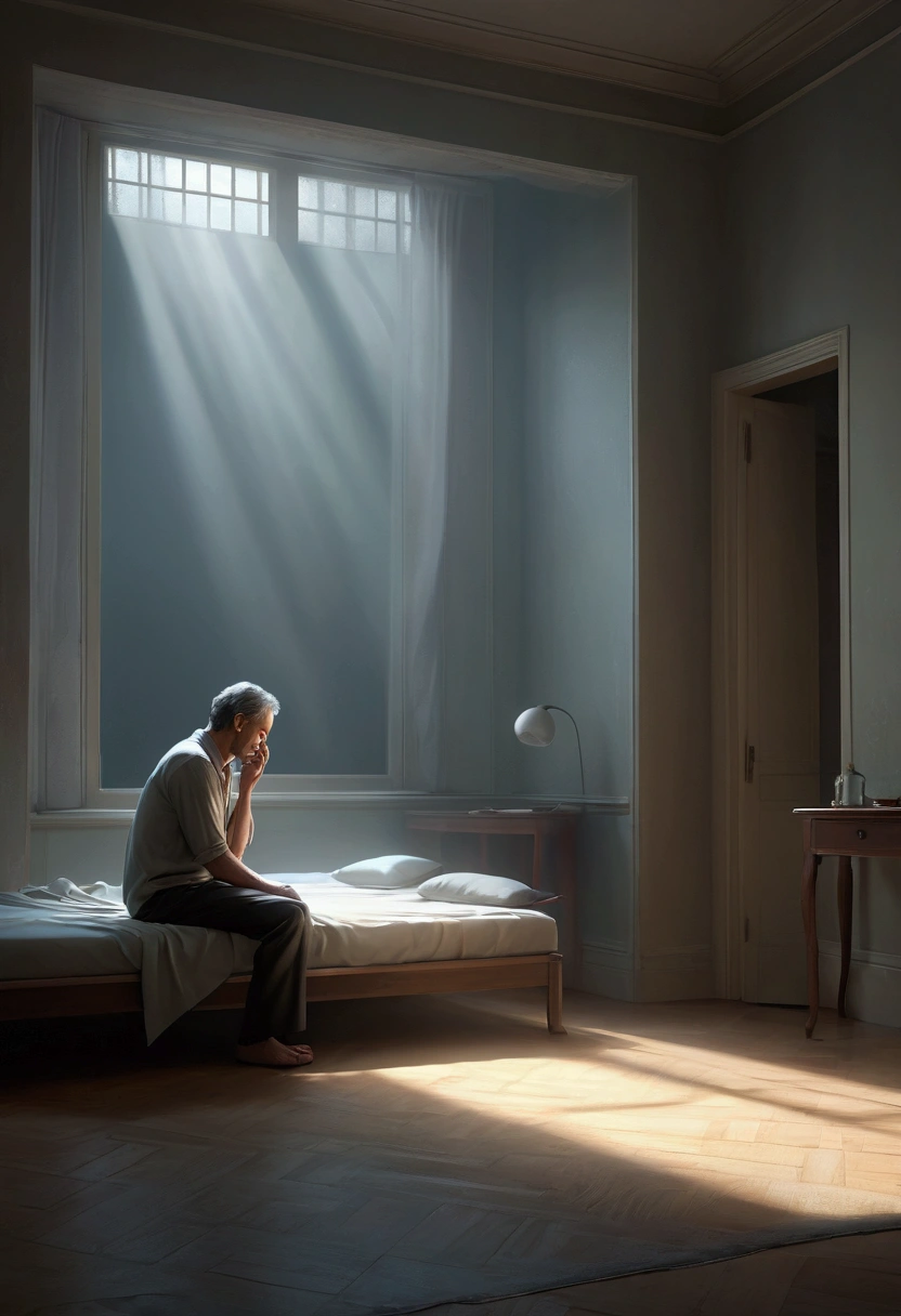 A deeply emotional 3D illustration capturing the essence of longing and regret. The focal point is a man sitting alone on a cold bed, holding a pillow close to his chest as he gazes longingly at a faint, ethereal figure of a woman walking away in the distance. His surroundings are dim, with a single tear tracing down his cheek, symbolizing his pain and loneliness. The man’s posture is slouched, conveying the weight of the emotional burden he carries. In the background, subtle echoes of memories can be seen, such as blurred visions of laughter and joy, symbolizing the happiness that once was. The room is filled with a haunting emptiness, with the man's heart visibly glowing with a small, pulsating light that represents his enduring love and desire for forgiveness. The central focus should be on the phrase "Volta pra mim" softly etched in the air between them, as if whispered by the man, creating a powerful visual connection between love, loss, and hope. The overall atmosphere is somber and melancholic, with muted colors and soft shadows enhancing the emotional depth of the scene.