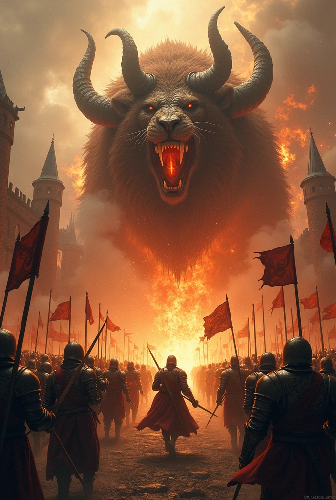 Enemy knights attacking a kingdom with a three-headed monster, A lion's, one of a goat and one of a dragon